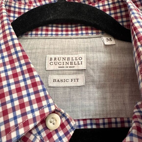Brunello Cucinelli Men's Blue White Red Plaid Print Cotton Basic Fit Shirt M - Picture 3 of 5
